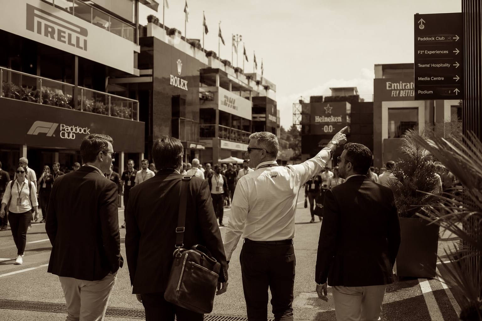 Cuatro ejecutivos caminando de espaldas por el paddock de un Gran Premio, con la señalética del Paddock Club y los edificios de hospitalidad al fondo