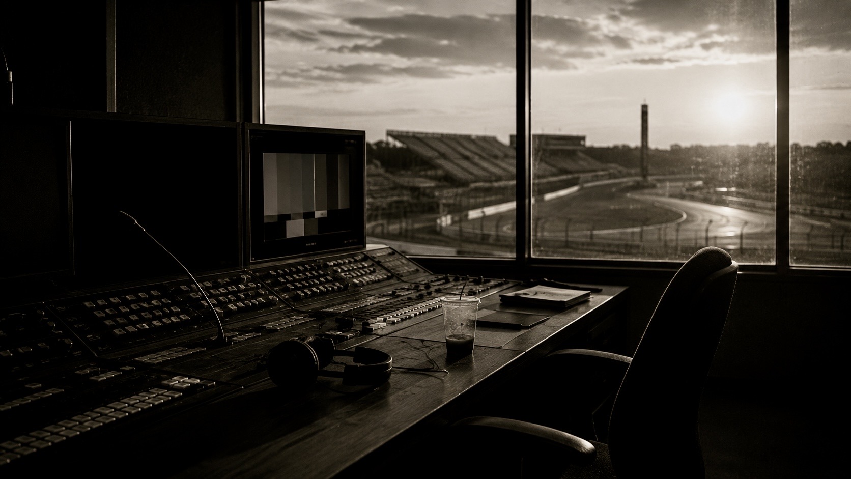 Cabina de realización de un circuito al atardecer, con una mesa de mezclas, monitores encendidos, unos auriculares y un vaso sobre la consola, y la pista y las gradas vacías tras los ventanales
