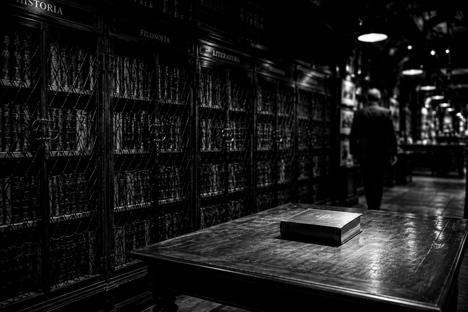 Biblioteca antigua en penumbra con armarios acristalados rotulados Historia, Filosofía y Literatura, un volumen encuadernado cerrado sobre una mesa de madera y una figura de espalda alejándose al fondo del pasillo