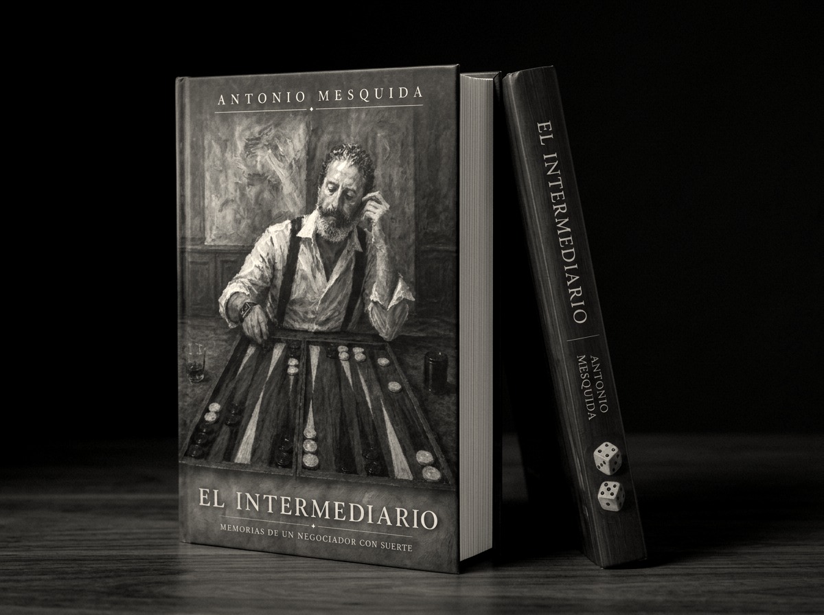 El Intermediario, memorias de un negociador con suerte: portada y lomo del libro sobre una mesa de madera