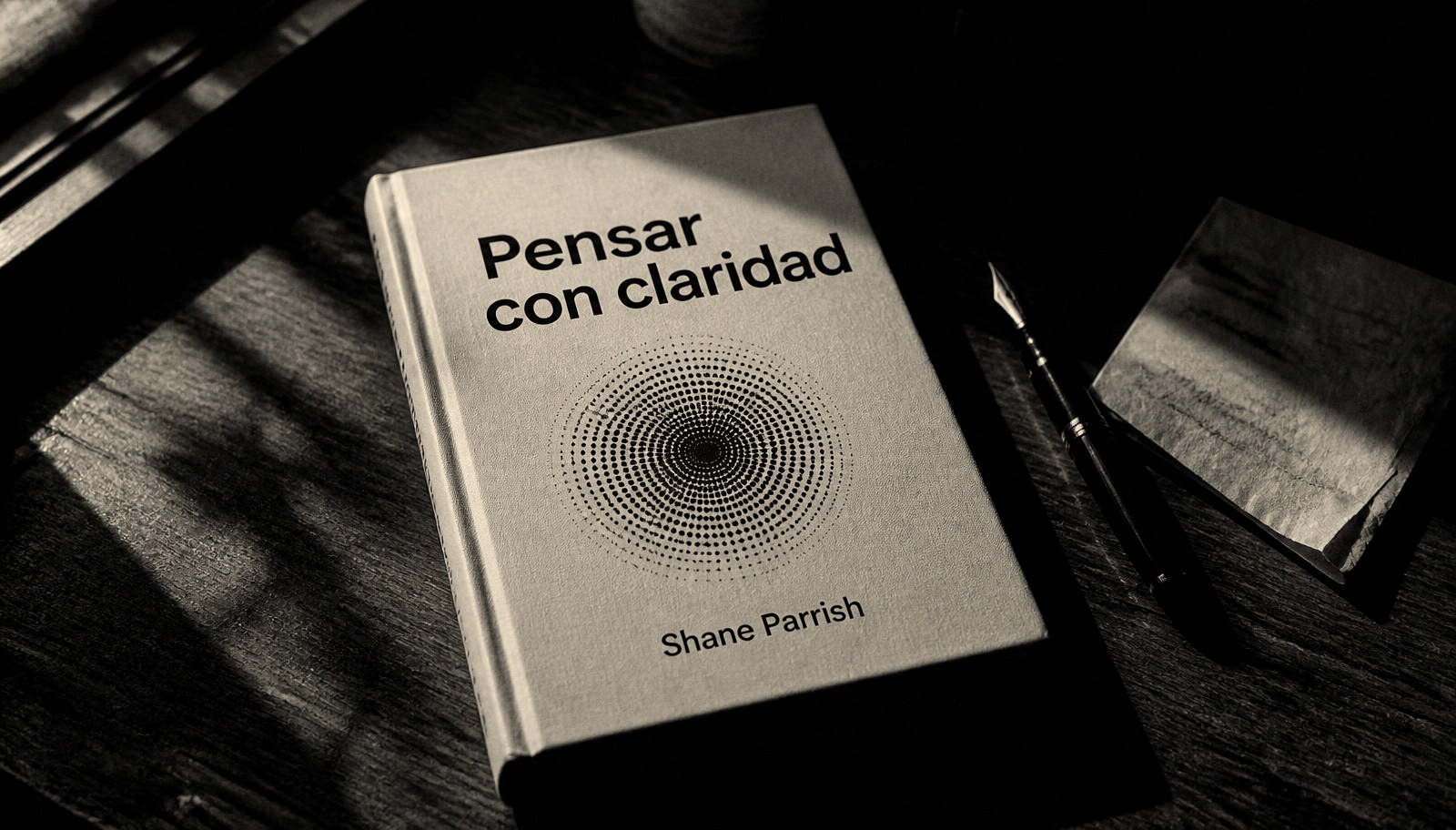 Ejemplar de Pensar con claridad, de Shane Parrish, cerrado sobre un escritorio de madera oscura junto a una pluma y una hoja doblada, con luz lateral.